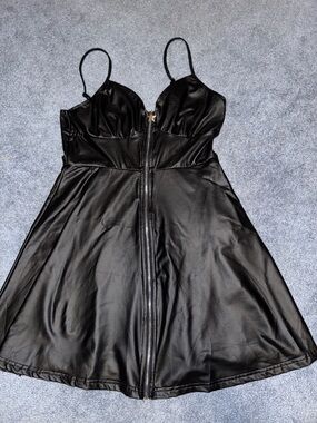 Faux Leather Zip-Front Mini Dress - Black